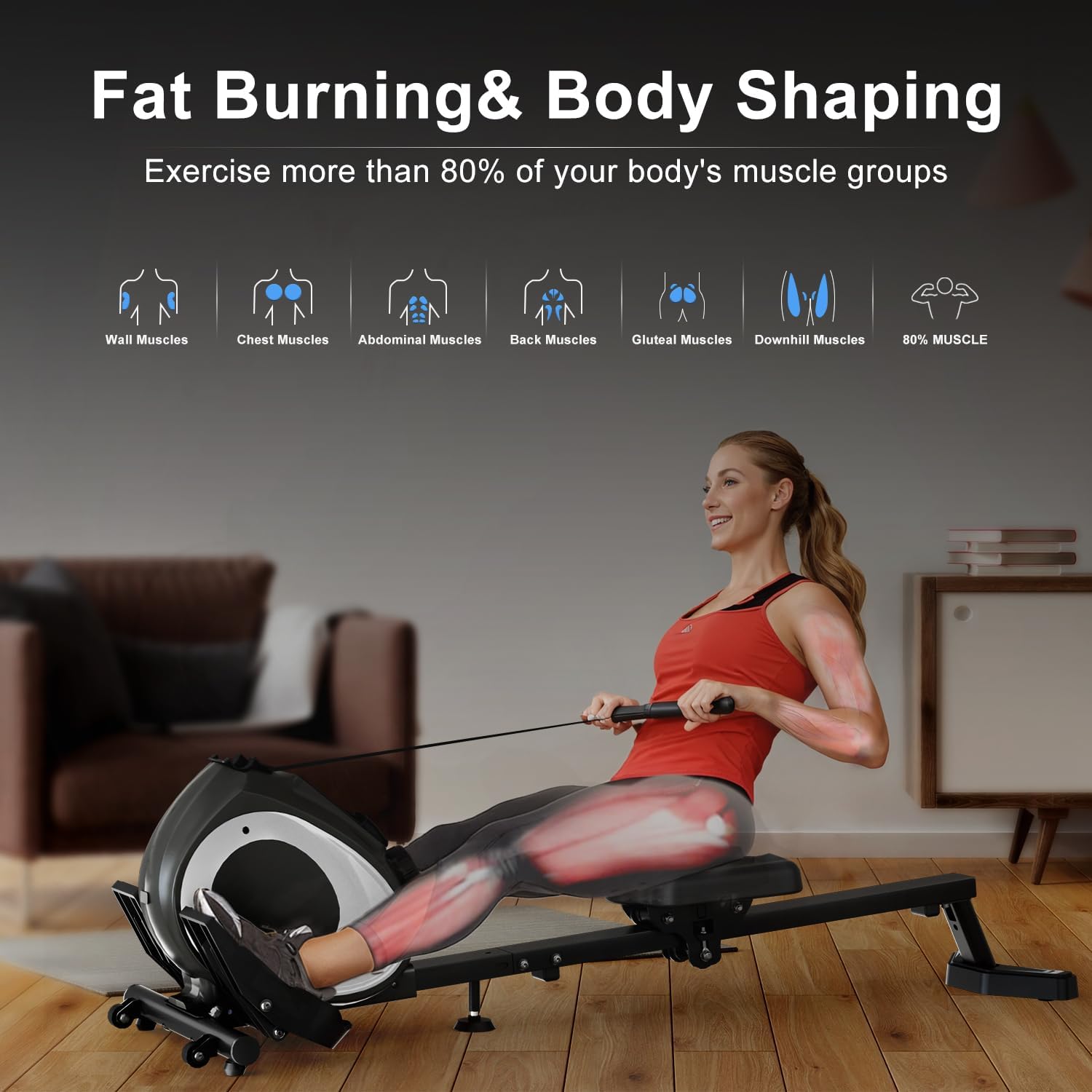Adjustable 8-speed magnetic home rowing machine