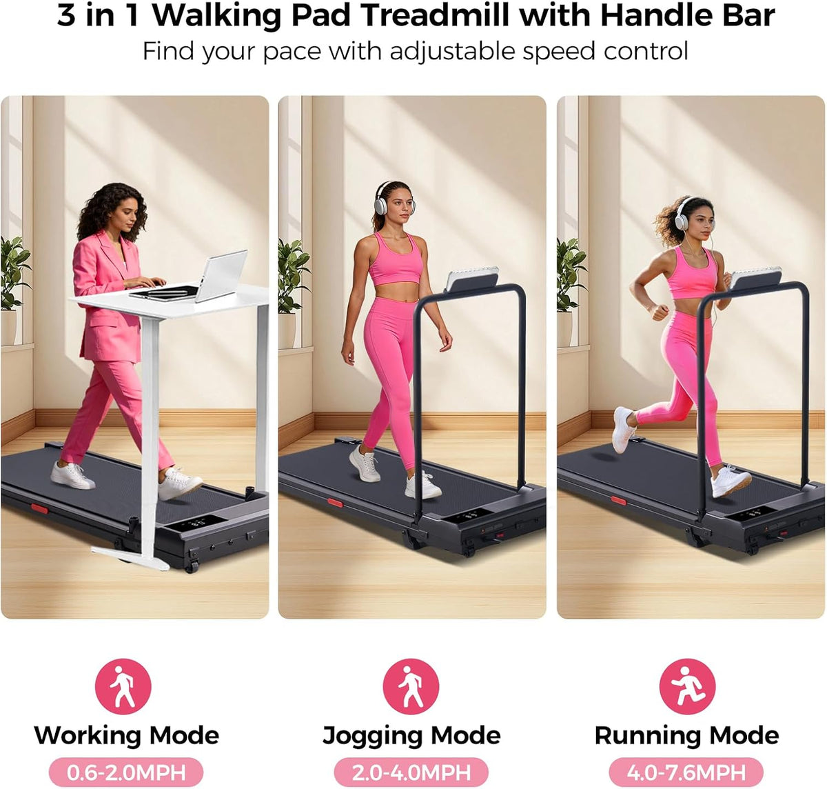 Walking Pad Treadmill with Handle Bar